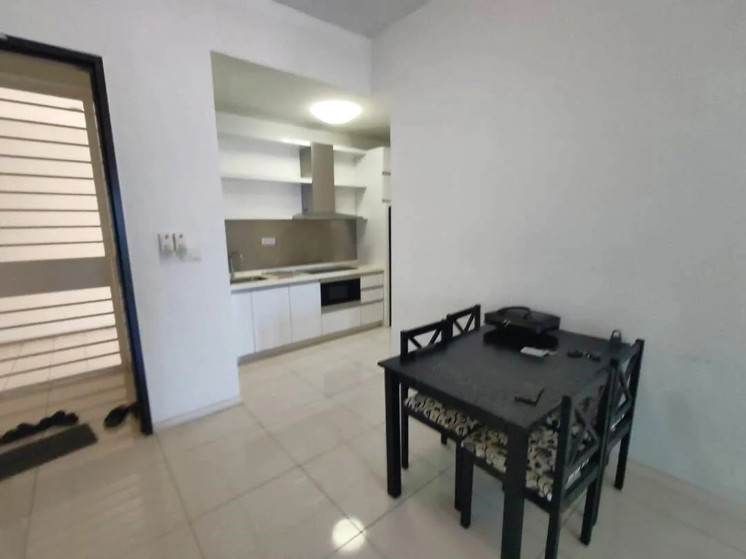 Kitchen features: white cabinetry, grey countertop, built-in oven, stainless-steel fridge, ceramic tile flooring, recessed ceiling light, open shelving, kitchen island, microwave, black dining table with floral pattern, four black chairs; style: modern.